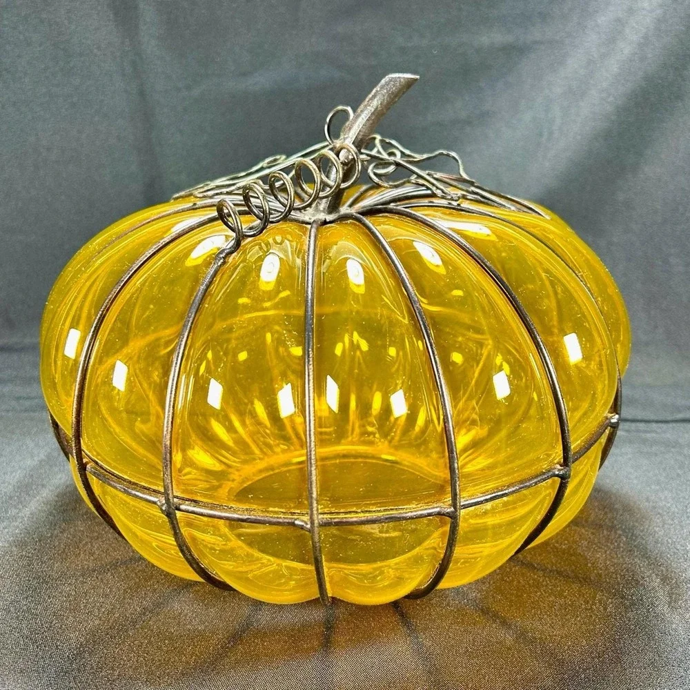 Hand-Blown Amber Glass Metal Caged Pumpkin Decor/Shade/Candle Lantern Halloween